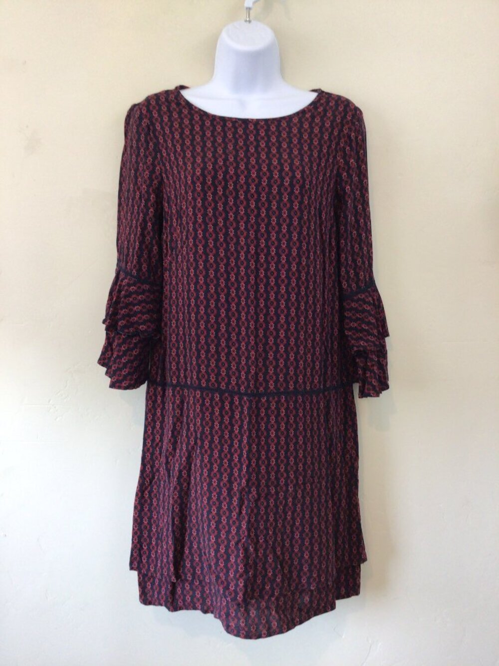 Emberley Maroon Print Ruffle Sleeve Midi Dress